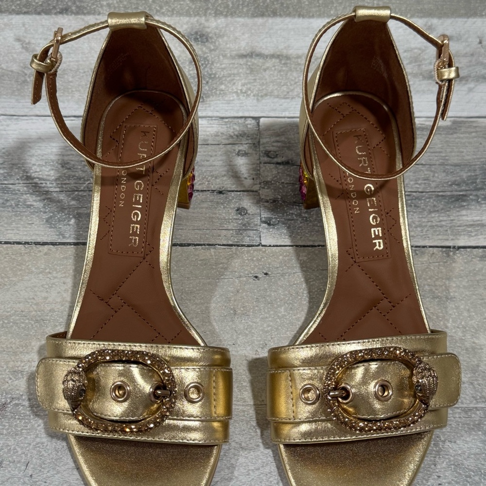 Kurt Geiger London Mayfair Eagle Block Heel Sandal - Gold multi - Sz - 7 .US - Picture 6 of 12